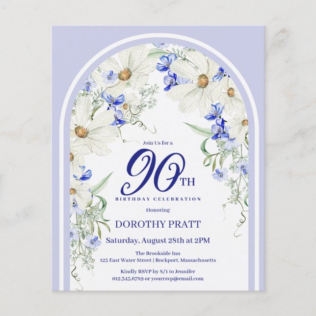 Lámina Invitación de cumpleaños 90 a la Floral Azul Blanc (Anverso)