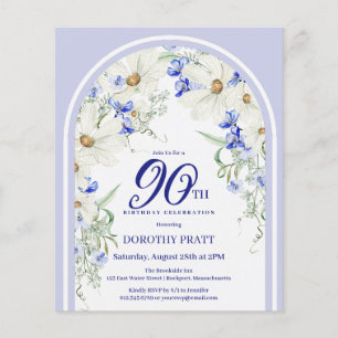 Lámina Invitación de cumpleaños 90 a la Floral Azul Blanc