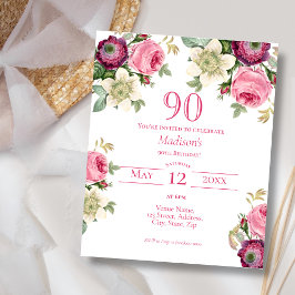 Lámina Invitación de cumpleaños 90 a la floral magenta pr