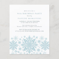 Invitación de cumpleaños 90 azul copo de nieve eco