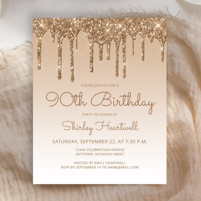 Lámina Invitación de cumpleaños 90 Budget Glitter Drip Go (Subido por el creador)