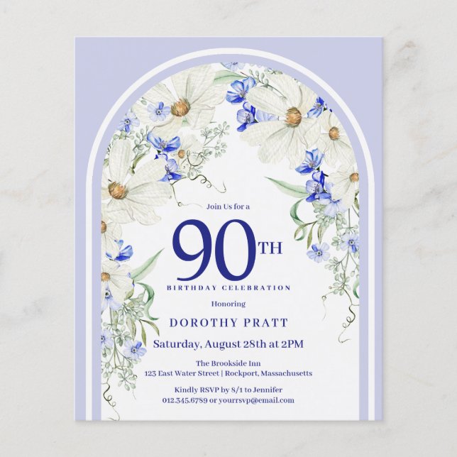 Lámina Invitación de cumpleaños 90 del arco floral azul b (Anverso)
