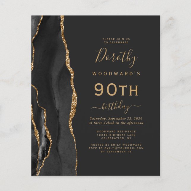 Lámina Invitación de cumpleaños 90 oscuro de ágata de oro (Anverso)