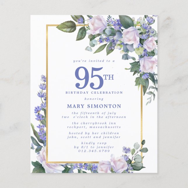 Lámina Invitación de cumpleaños 95ª Floral blanca azul pr (Anverso)