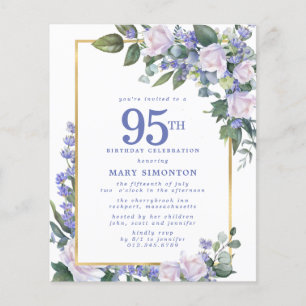 Lámina Invitación de cumpleaños 95ª Floral blanca azul pr