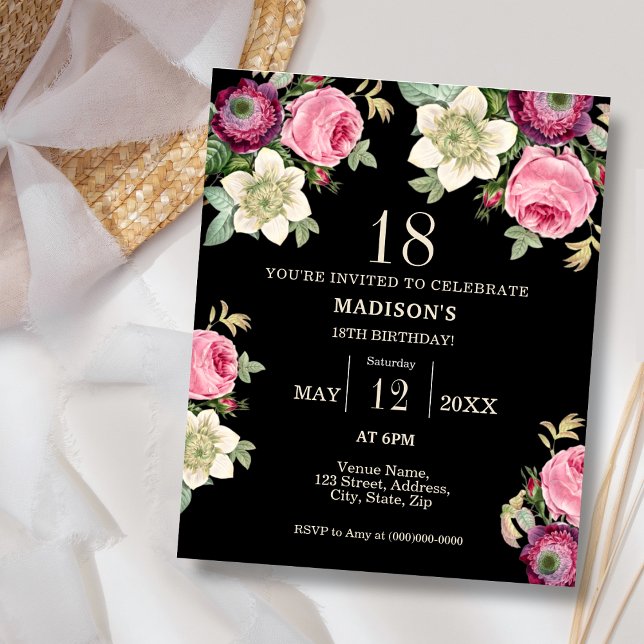 Lámina Invitación de cumpleaños a Black Floral 18th Budge (Subido por el creador)