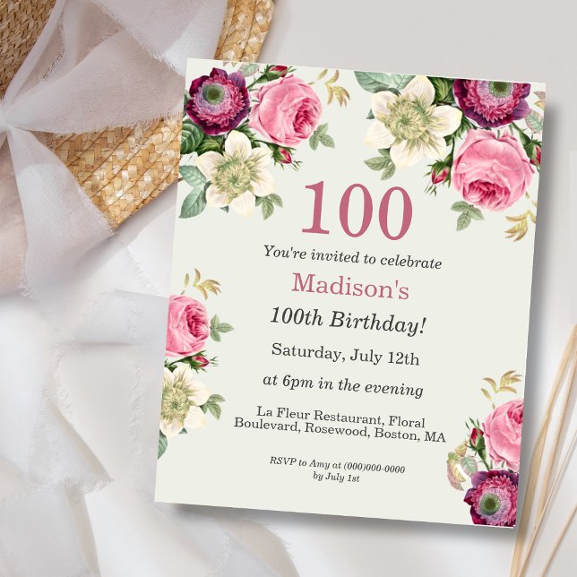 Lámina Invitación de cumpleaños a Floral 100th Budget (Subido por el creador)