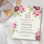 Lámina Invitación de cumpleaños a Floral 70th Budget<br><div class="desc">¿Buscas una invitación asequible y encantadora para tu próxima fiesta de cumpleaños número 70? ¡No hay más que ver nuestra invitación de bonito con papel de flores! Con un bonito diseño con delicadas flores rosas, moradas y cremas sobre un fondo verde sabio, esta invitación al personalizable le dará el tono...</div>