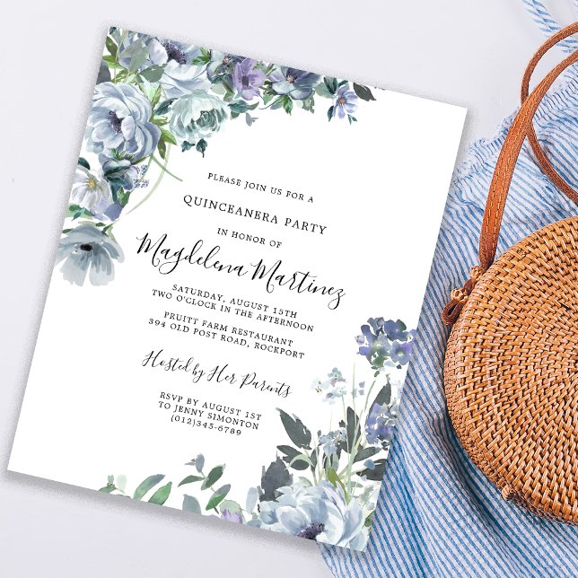 Lámina Invitación de cumpleaños a Quinceanera floral azul (Subido por el creador)