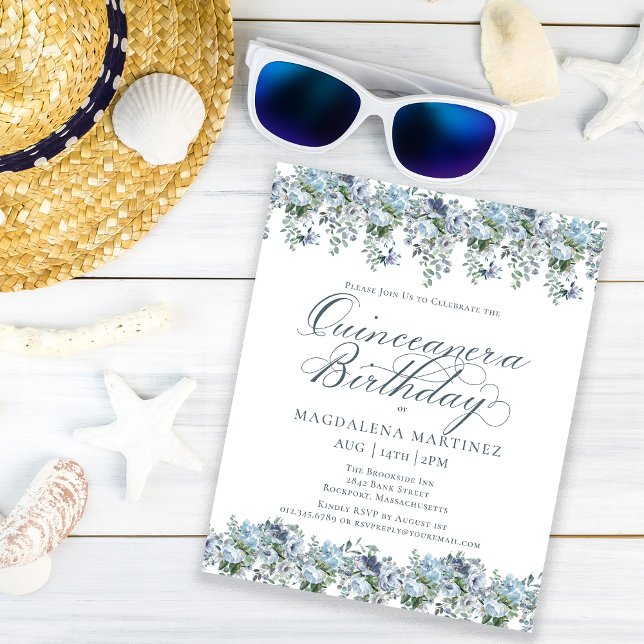 Lámina Invitación de cumpleaños a Quinceanera floral azul (Subido por el creador)