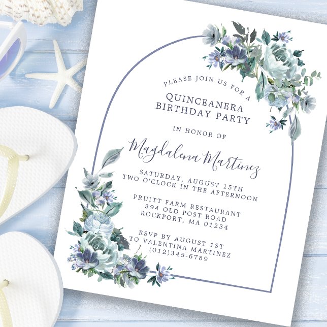 Lámina Invitación de cumpleaños a Quinceanera floral azul (Subido por el creador)