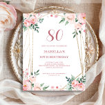 Lámina Invitación de cumpleaños a Rubor Pink Floral 80th<br><div class="desc">¿Buscas una invitación asequible y encantadora para tu próxima fiesta de cumpleaños número 80? No hay más que ver nuestra invitación rosa de papel floral. Con un bonito diseño con delicadas flores rosas sobre un fondo blanco limpio y un elegante tipo de letra, esta invitación al personalizable le dará el...</div>