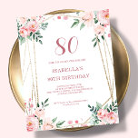 Lámina Invitación de cumpleaños a Rubor Pink Floral 80th<br><div class="desc">¿Buscas una invitación asequible y encantadora para tu próxima fiesta de cumpleaños número 80? No hay más que ver nuestra invitación rosa de papel floral. Con un bonito diseño con delicadas flores rosas sobre un fondo blanco limpio y un elegante tipo de letra, esta invitación al personalizable le dará el...</div>