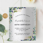 Lámina Invitación de cumpleaños a Silver Eucalyptus Green<br><div class="desc">Fondo falso plateado decorado con vegetación eucalipto,  follaje dorado y purpurina de imitación plateado y verde,  chispas. Personalice y agregue su nombre y detalles del fiesta. Cartas negras.</div>