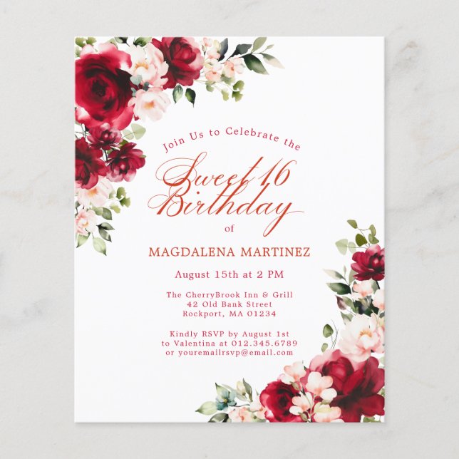 Lámina Invitación de cumpleaños al presupuesto floral roj (Anverso)