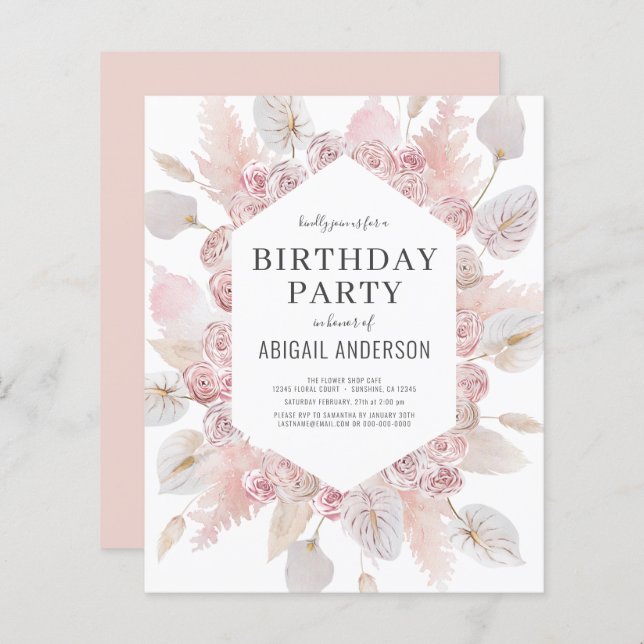 Lámina Invitación de cumpleaños boho blush rosa Presupues (Anverso / Reverso)