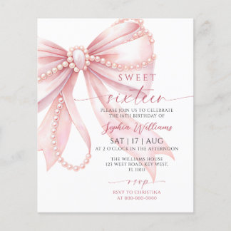 Lámina Invitación de cumpleaños Budget Pearl Pink Bow Swe