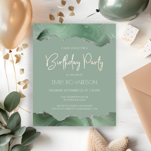 Lámina Invitación de cumpleaños con ágata plateada verde  (Subido por el creador)