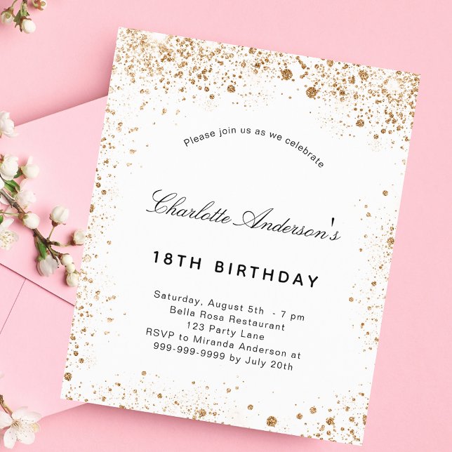 Lámina Invitación de cumpleaños con brillo dorado blanco  (Subido por el creador)