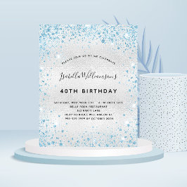 Lámina Invitación de cumpleaños con brillo plateado y azu