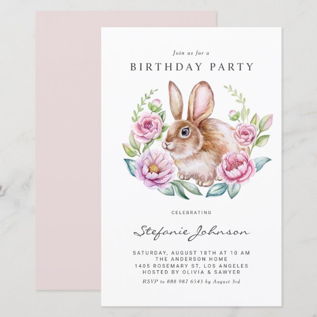 Lámina Invitación de cumpleaños con conejo y flores rosad (Anverso / Reverso)