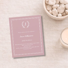Lámina Invitación de cumpleaños con corona monograma rosa
