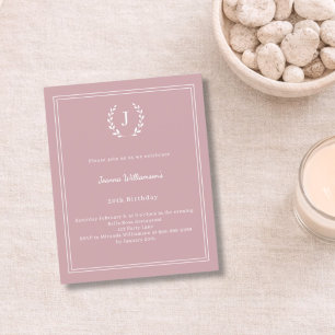 Lámina Invitación de cumpleaños con corona monograma rosa