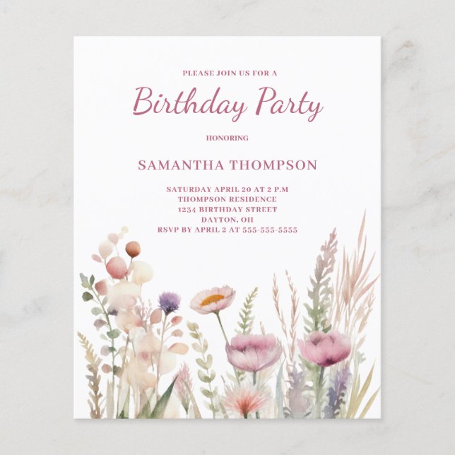 Lámina Invitación de cumpleaños con floración rosa con pr (Anverso)