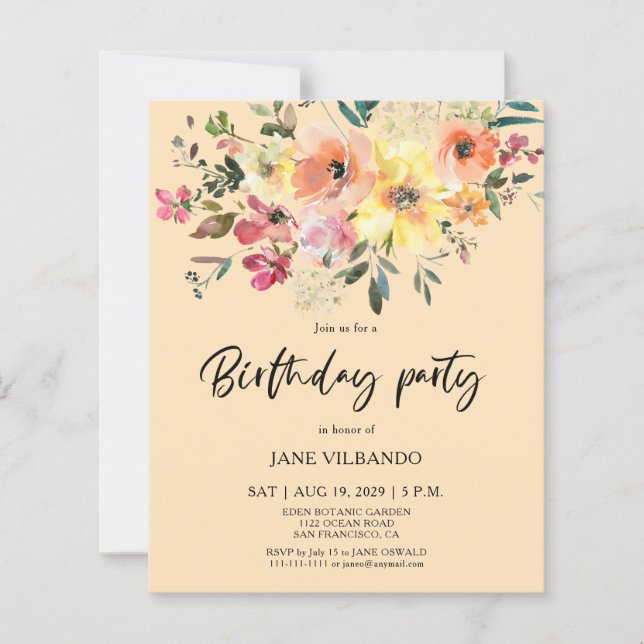 Lámina Invitación de cumpleaños con flores de primavera e (Anverso)