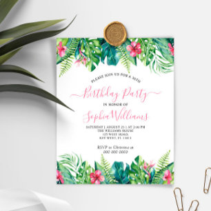 Lámina Invitación de cumpleaños con flores tropicales eco