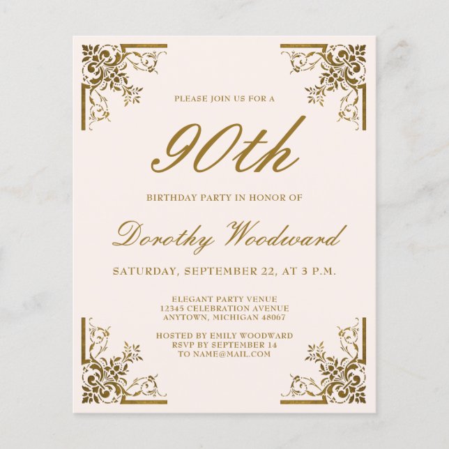 Lámina Invitación de cumpleaños con guión dorado vintage  (Anverso)