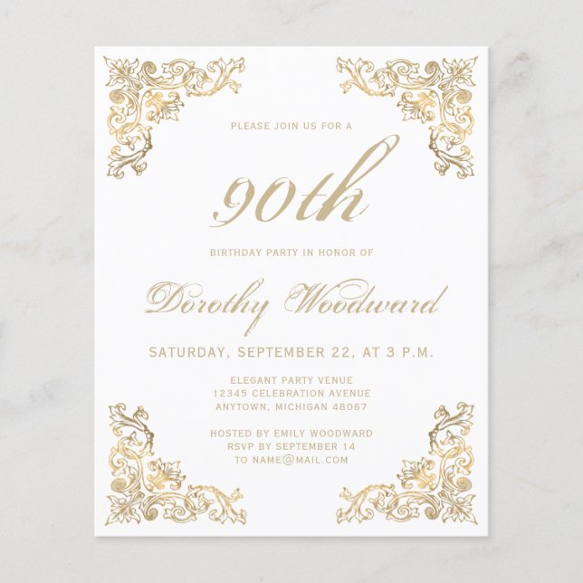 Lámina Invitación de cumpleaños con marco dorado económic (Anverso)