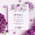 Lámina Invitación de cumpleaños con presupuesto de flores<br><div class="desc">Un fondo violeta y lavanda acuático. Decorada con flores y vegetación violeta y violeta de color acuático. Personalice y agregue su nombre y detalles del fiesta. 1 hoja = 1 borde impreso de invitación al borde.</div>