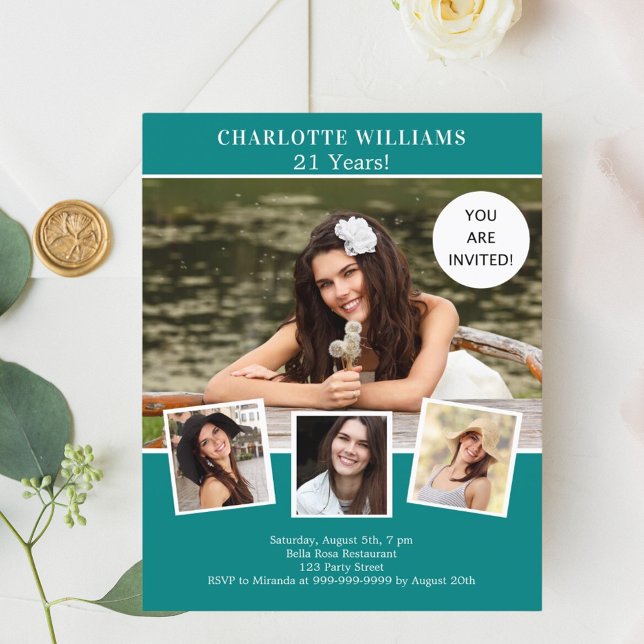 Lámina invitación de cumpleaños de collage de fotos verde (Subido por el creador)