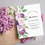 Lámina Invitación de cumpleaños de color violeta púrpura<br><div class="desc">Un fondo de color violeta,  lavanda y un armazón de arco. Decorada con flores y vegetación violeta y violeta de color acuático. Personalice y agregue su nombre y detalles del fiesta. 1 hoja = 1 borde impreso de invitación al borde.</div>