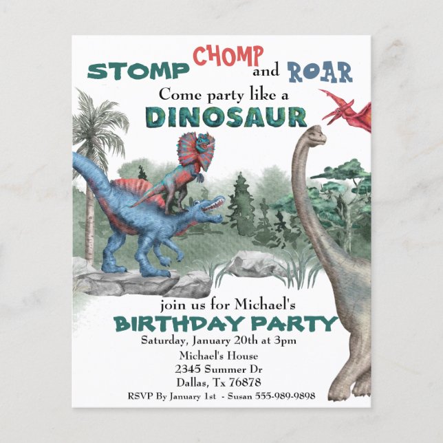 Lámina Invitación de cumpleaños de dinosaurio con acuarel (Anverso)