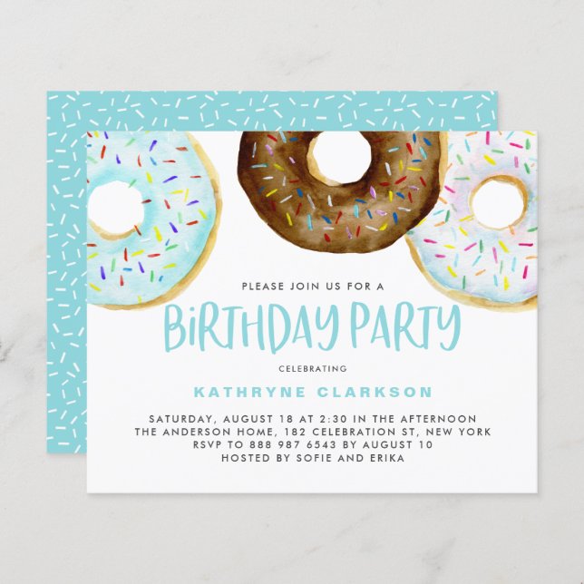 Lámina Invitación de cumpleaños de donuts azules y de cho (Anverso / Reverso)