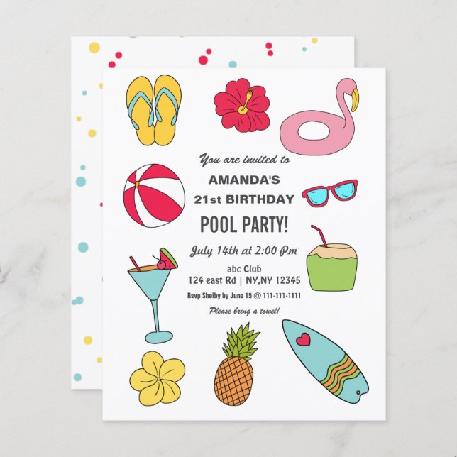 Lámina Invitación de cumpleaños de Fiesta de piscina de v (Anverso / Reverso)