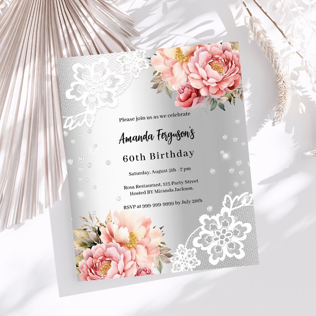Lámina Invitación de cumpleaños de flores rosadas platead (Subido por el creador)