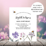 Lámina Invitación de cumpleaños de flores silvestres púrp<br><div class="desc">Un fondo blanco. Decorado con abejas y flores silvestres pintadas en violeta y rosa. Personalice y agregue un nombre y detalles del fiesta.</div>