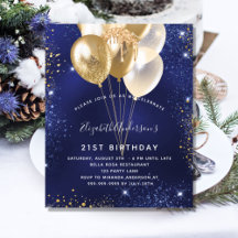 Invitación de cumpleaños de globo de oro azul mari