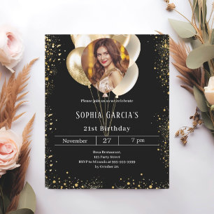 Lámina Invitación de cumpleaños de globos de fotos de oro