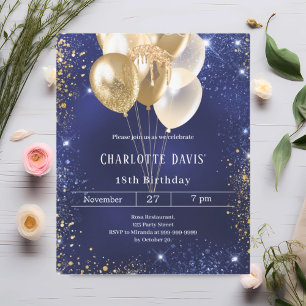 Lámina Invitación de cumpleaños de globos de oro azul mar