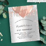 Lámina Invitación de cumpleaños de globos de oro rosa de<br><div class="desc">Para un elegante cumpleaños número 21 (o cualquier edad). Un fondo falso plateado. Decorada con dorados rosas y tontos de plata,  pinturas de goteo y globos. Personalice y agregue un nombre,  edad 21 y detalles del fiesta. El nombre se escribe con un guión de estilo con letras a mano</div>