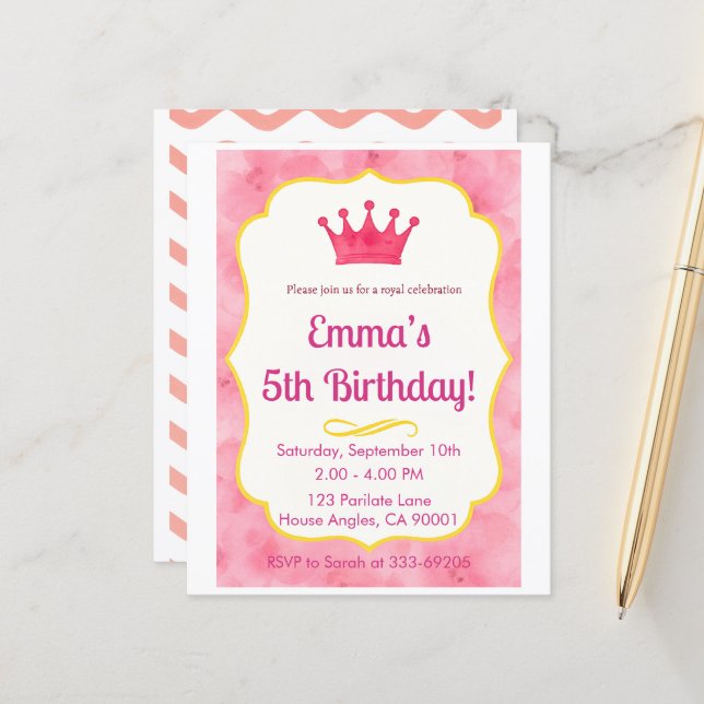 Lámina Invitación de cumpleaños de la corona rosa | zazzl (Anverso/Reverso In Situ)