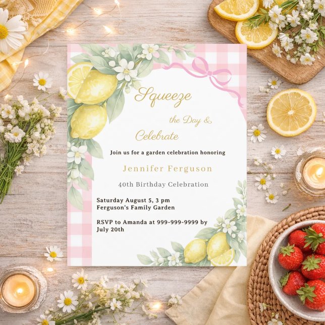 Lámina Invitación de cumpleaños de limones con gingham ro (Subido por el creador)