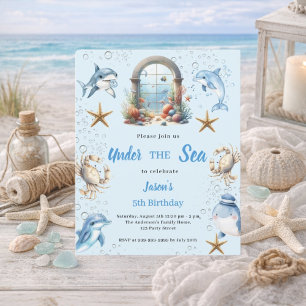 Lámina Invitación de cumpleaños de niño bajo el mar azul