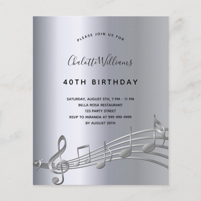 Lámina Invitación de cumpleaños de notas de música de pla (Anverso)