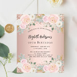 Lámina invitación de cumpleaños de oro blanco Subió<br><div class="desc">Una invitación moderna, elegante y glamurosa para una fiesta de cumpleaños número 50 (o cualquier edad). Un fondo dorado rosa con flores rosadas, rosas. El nombre está escrito con una escritura de estilo con letras a mano moderna. Personalice y agregue los detalles de su fiesta. 1 hoja = 1 borde...</div>