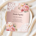 Lámina Invitación de cumpleaños de oro rosa rosa rosa de<br><div class="desc">Una elegante y romántica invitación 21ª (o cualquier edad). Un fondo de degradado de oro rosa decorado con flores de oro rosa y rosa,  rosas y encaje. Personalice y agregue un nombre y detalles del fiesta. 1 hoja = 1 borde impreso de invitación al borde.</div>